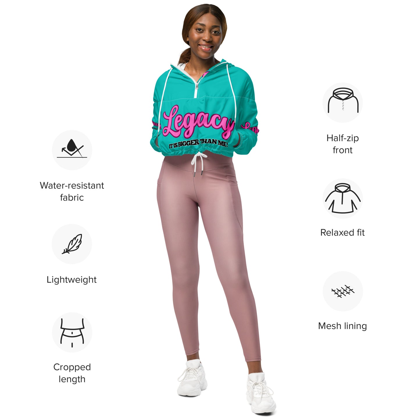 Women’s Cropped Windbreaker-LEGACY "It Is Bigger Than Me!" (PINK ON BLUE)