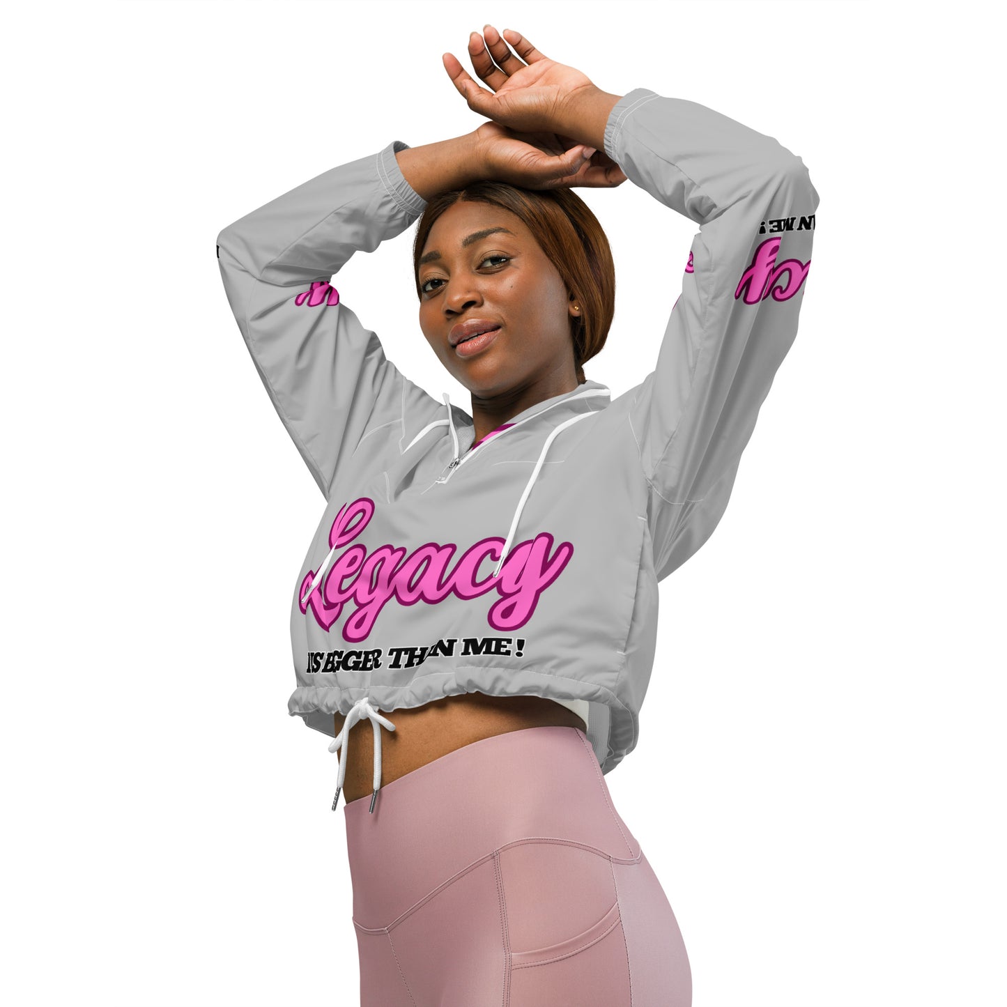 Women’s Cropped Windbreaker-LEGACY "It Is Bigger Than Me!" (PINK ON SILVER)