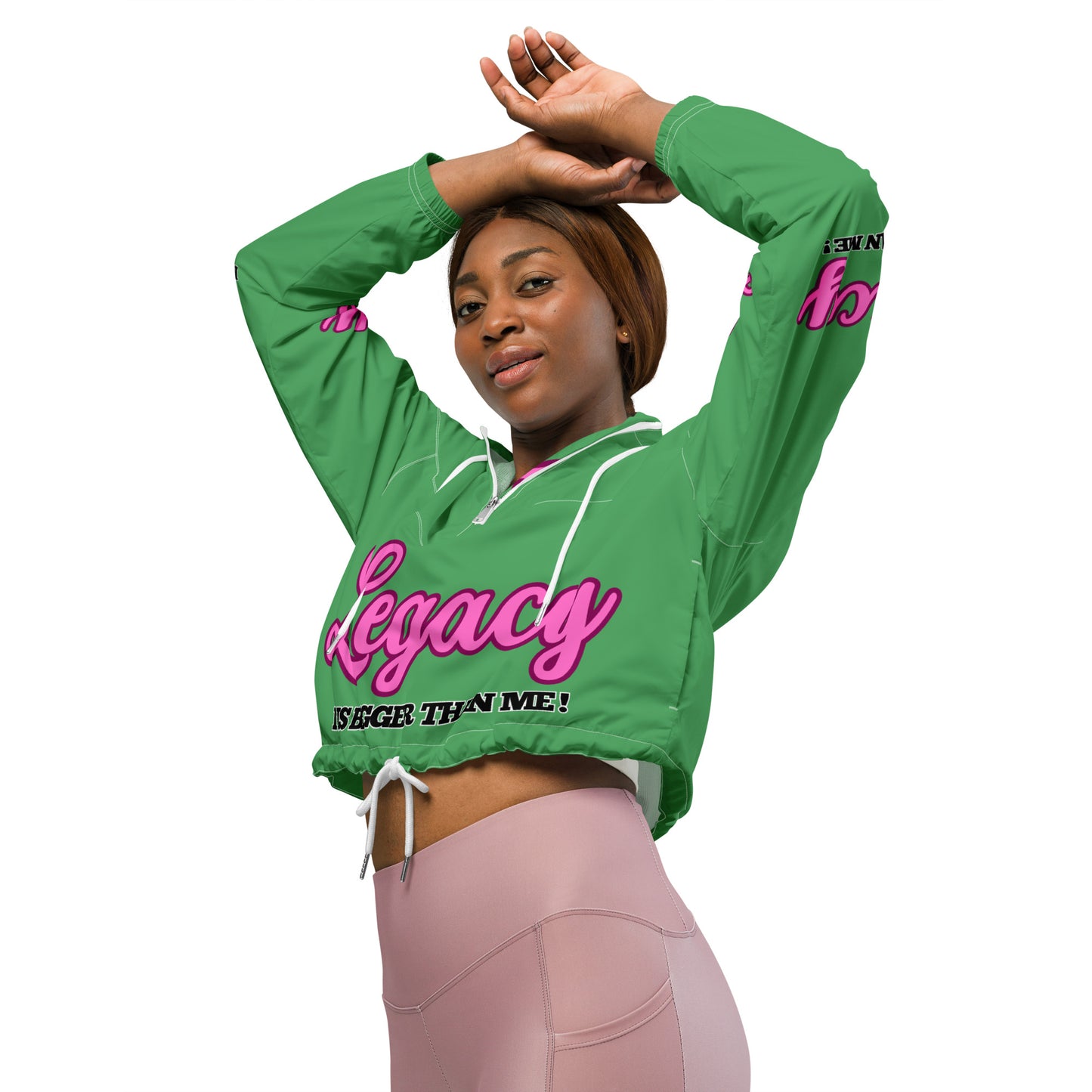 Women’s Cropped Windbreaker-LEGACY "It Is Bigger Than Me!" (PINK ON GREEN)