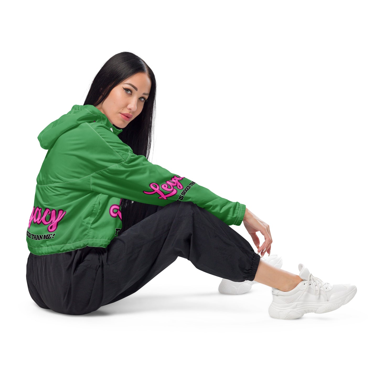 Women’s Cropped Windbreaker-LEGACY "It Is Bigger Than Me!" (PINK ON GREEN)