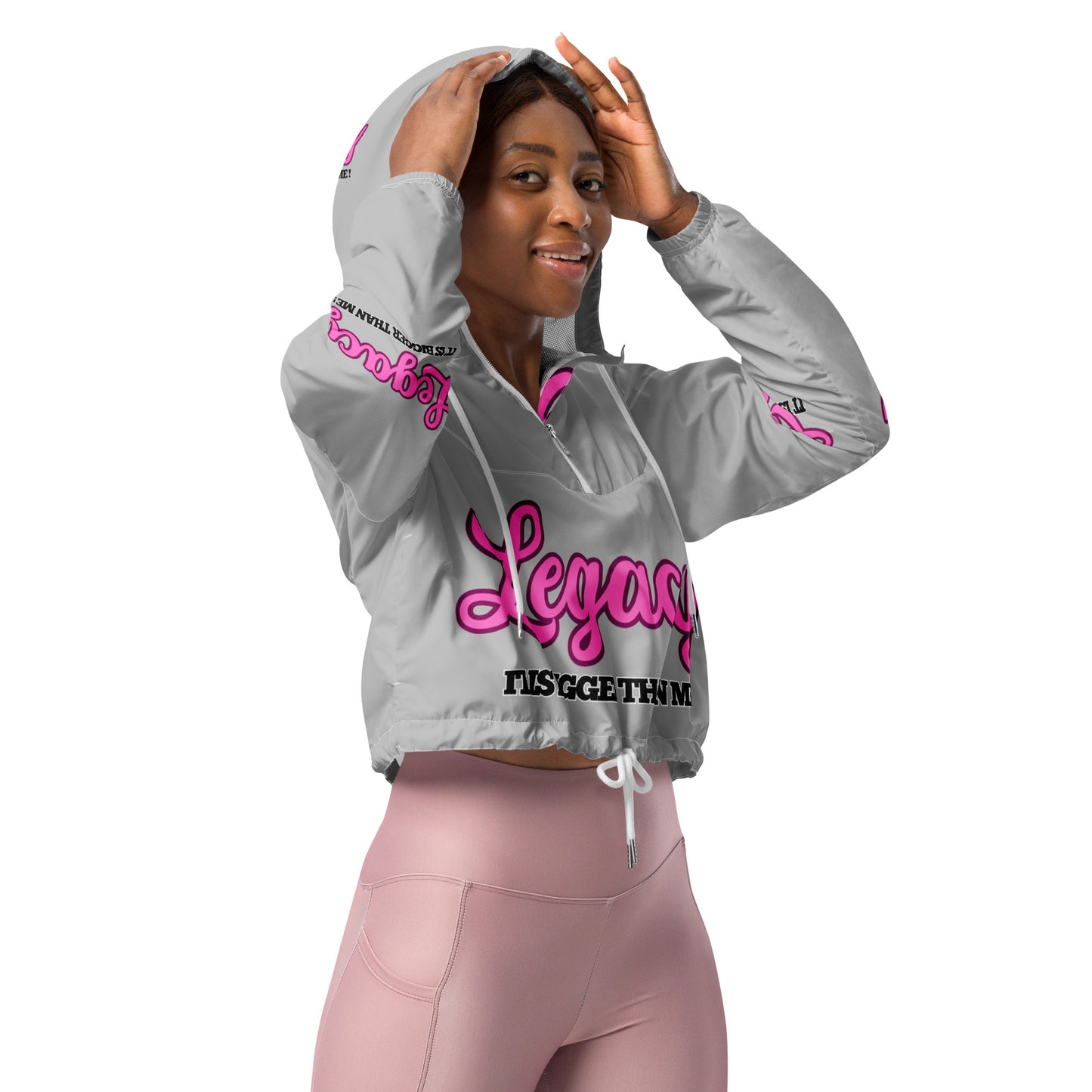 Women’s Cropped Windbreaker-LEGACY "It Is Bigger Than Me!" (PINK ON SILVER)