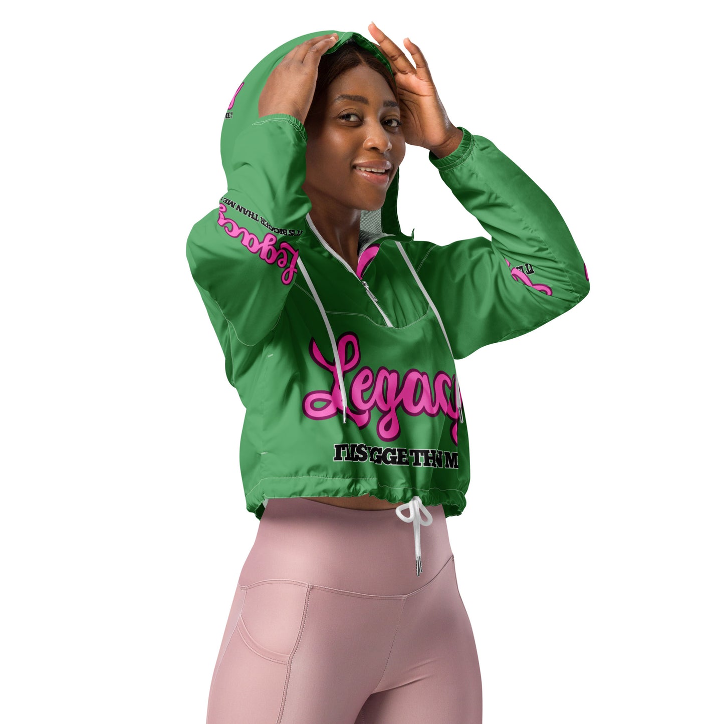 Women’s Cropped Windbreaker-LEGACY "It Is Bigger Than Me!" (PINK ON GREEN)